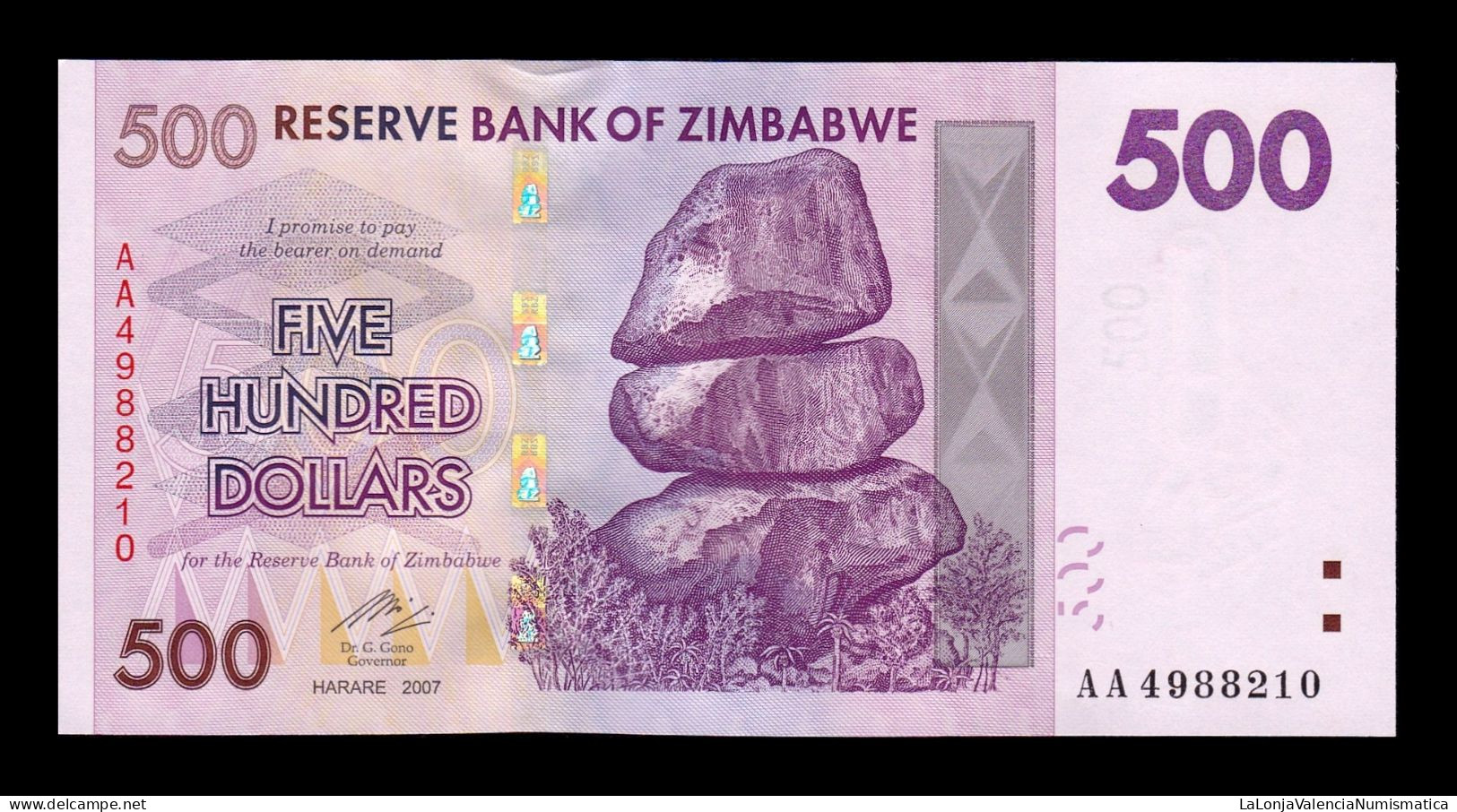 Zimbabwe 500 Dollars 2007 Pick 70 Serie AA Sc Unc - Zimbabwe