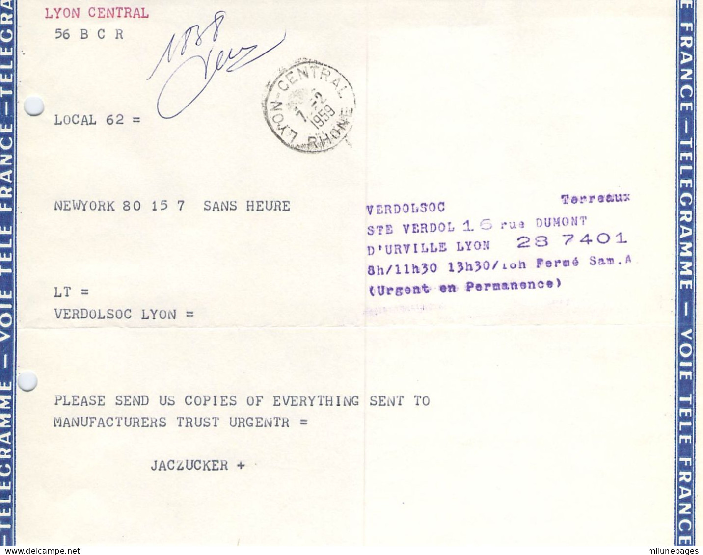 Formule Télégramme "Voie Télé France" Cachet  Lyon Central 7-2-1959 Depuis New-York Pour Lyon - Telegrafi E Telefoni