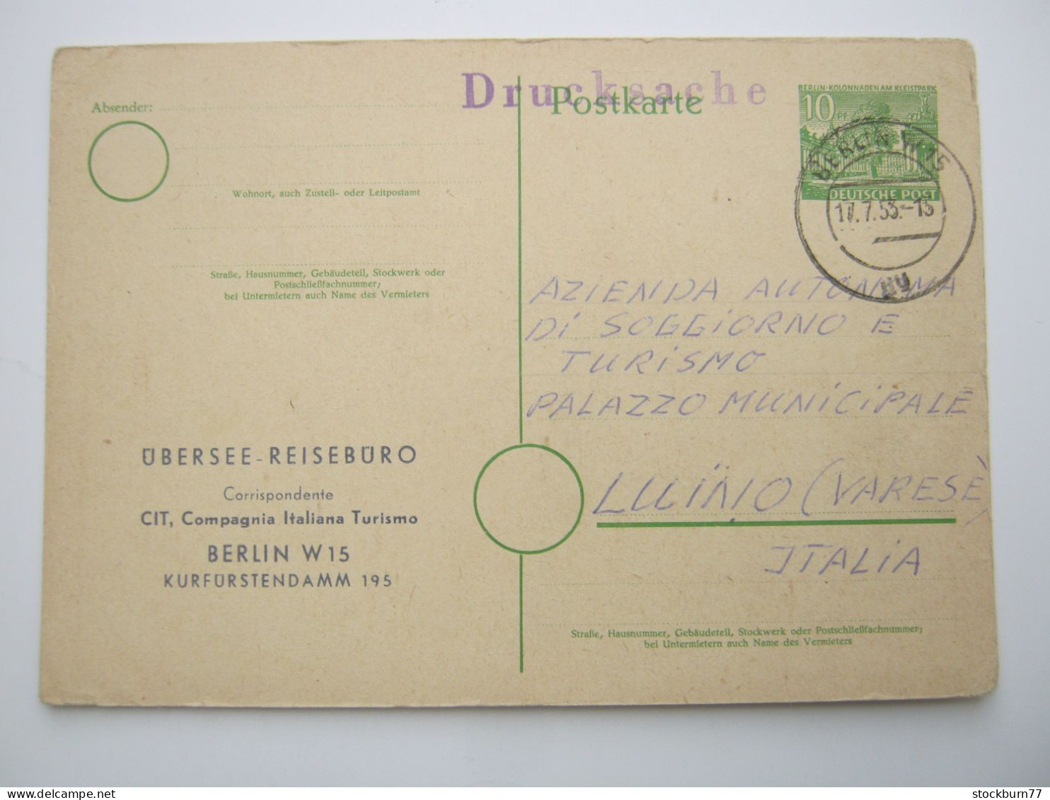 1953 , 10 Pfg. Bauten , Auslands-Drucksache Mit Privatem Zudruck Nach Italien, Sehr Selten - Postcards - Used