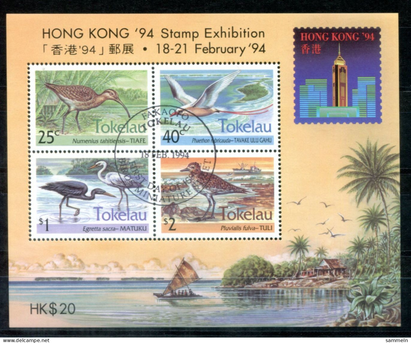 TOKELAU Block 2, Bl.2 FD Canc. - Vögel, Birds, Oiseaux, Hong Kong '94 - TOKÉLAOU - Tokelau