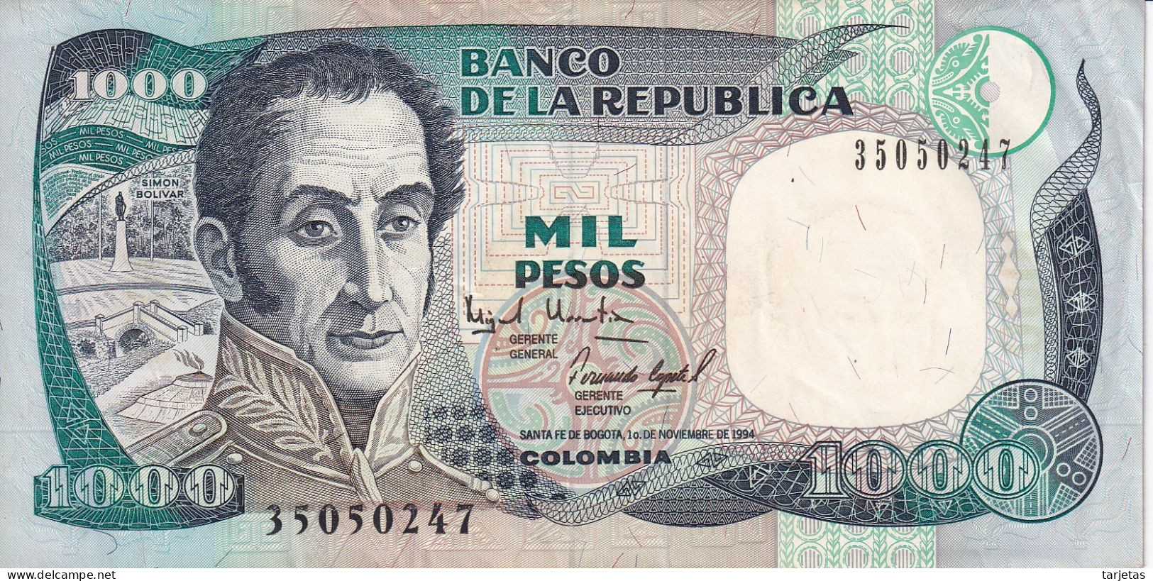 BILLETE DE COLOMBIA DE 1000 PESOS DE ORO DEL AÑO 1994 EN CALIDAD MBC (VF) (BANK NOTE) - Colombie