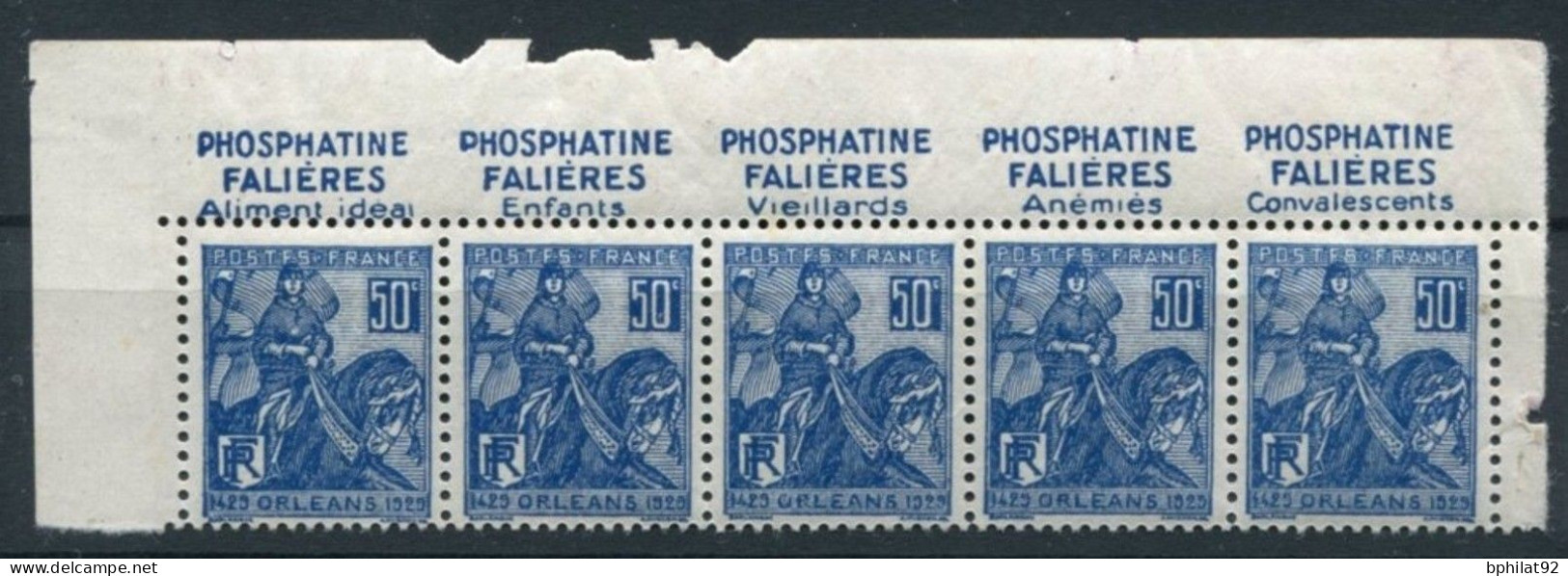 !!! 50 C JEANNE D'ARC BANDE DE 5 AVEC PUBS FALIERES ABSENCE PERFO NEUVE */** - Unused Stamps