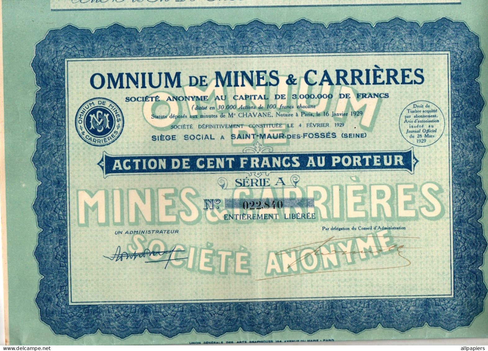 Action De Cent Francs Au Porteur Série A Omnium De Mines & Carrières Saint-Maur-Des-Fossés En 1929 - Mines