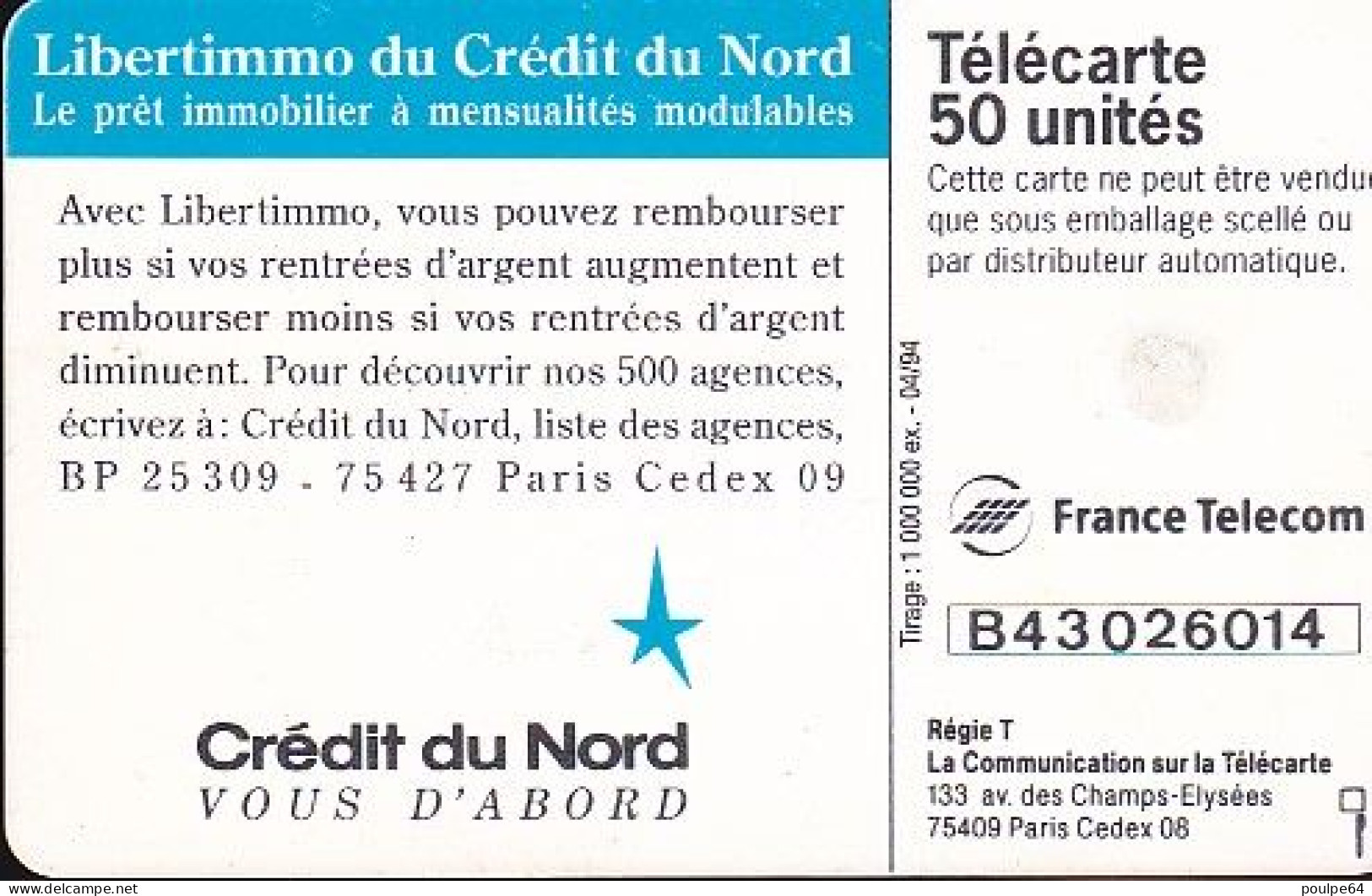 F375A - 04/1994 - CRÉDIT DU NORD - 50 GEM ( Verso : 2ème Logo Moreno) - 1994