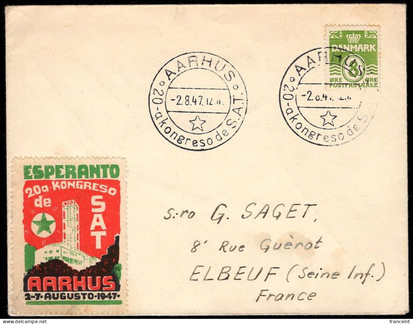 DENMARK(1947) Esperanto Label. Letter With Label And Cancel For 20th Esperanto Conference In Aarhus. - Esperanto