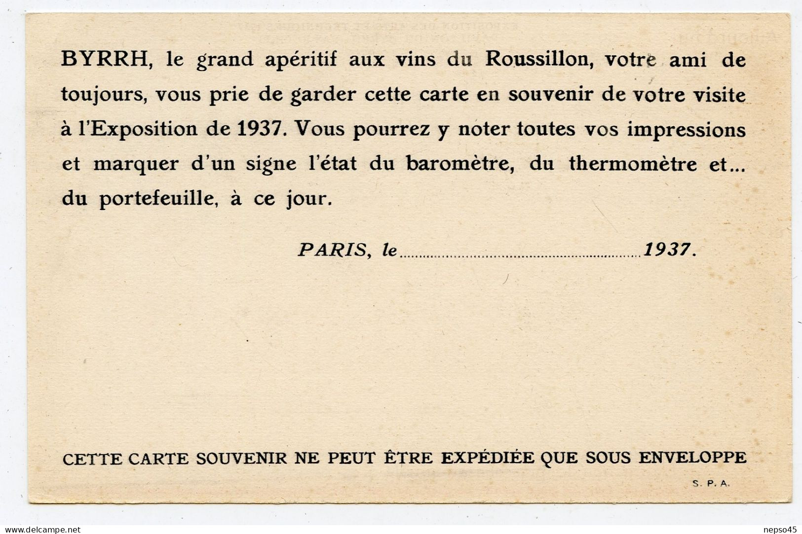 Exposition universelle 1937.Exposition internationale des arts et des techniques.Carte Postale à expédier sous enveloppe