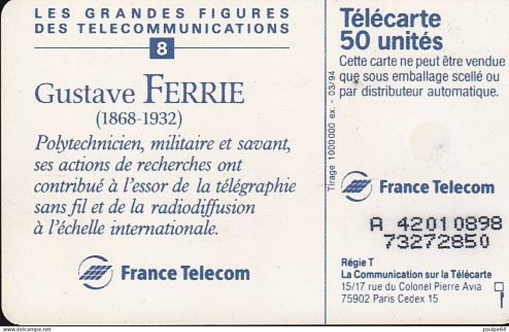 F436Da - 03/1994 - GUSTAVE FERRIE - 50 SO5 ( Verso : N° Deux Lignes) - 1994