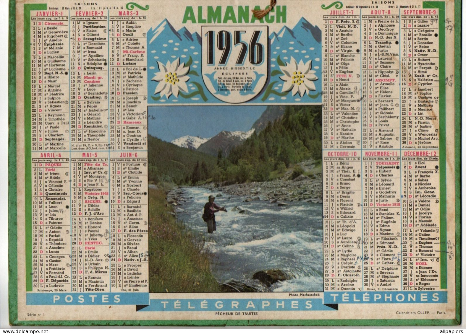 Calendrier Almanach Des P.T.T. 1956 Année Bissextile Du Nord - Photo Pêcheur De Truites - Oller - Format : 28.5x21.5 Cm - Big : 1941-60