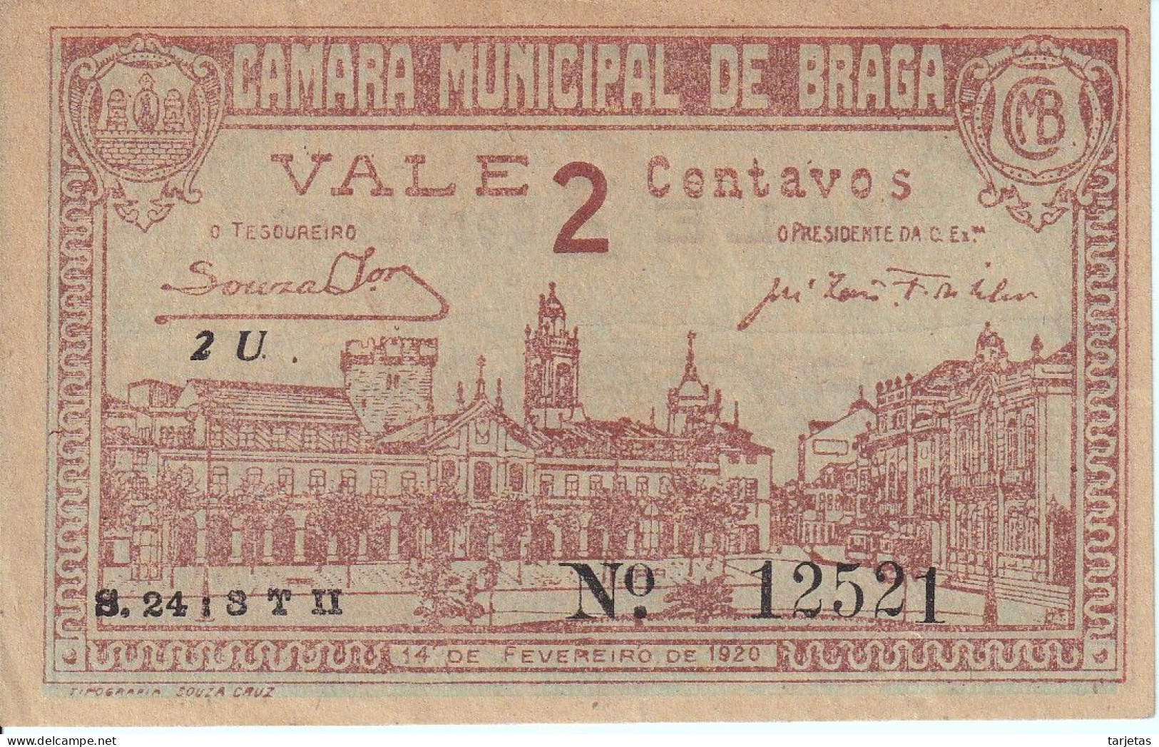 ¡CAPICUA! BILLETE DE PORTUGAL DE 2 CENTAVOS CAMARA DE BRAGA  DEL AÑO 1920 (BANKNOTE) 12521 - Portugal