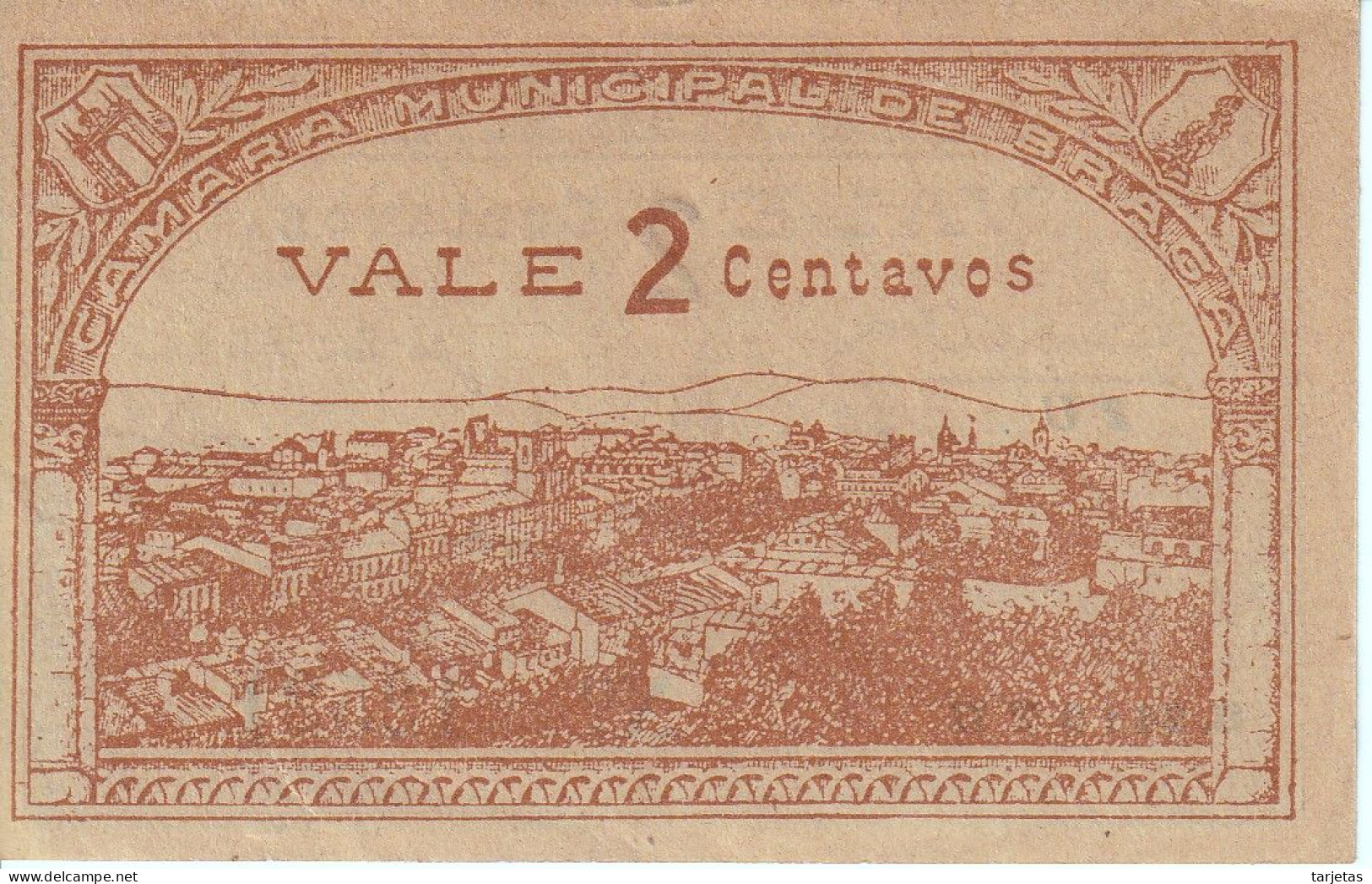 ¡CAPICUA! BILLETE DE PORTUGAL DE 2 CENTAVOS CAMARA DE BRAGA  DEL AÑO 1920 (BANKNOTE) 12521 - Portugal