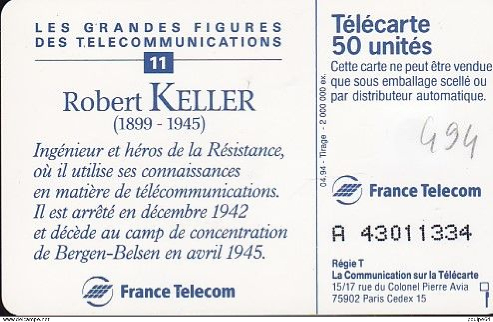 F444F - 04/1994 - ROBERT KELLER - 50 SO5 (verso : N° Une Ligne) - 1994