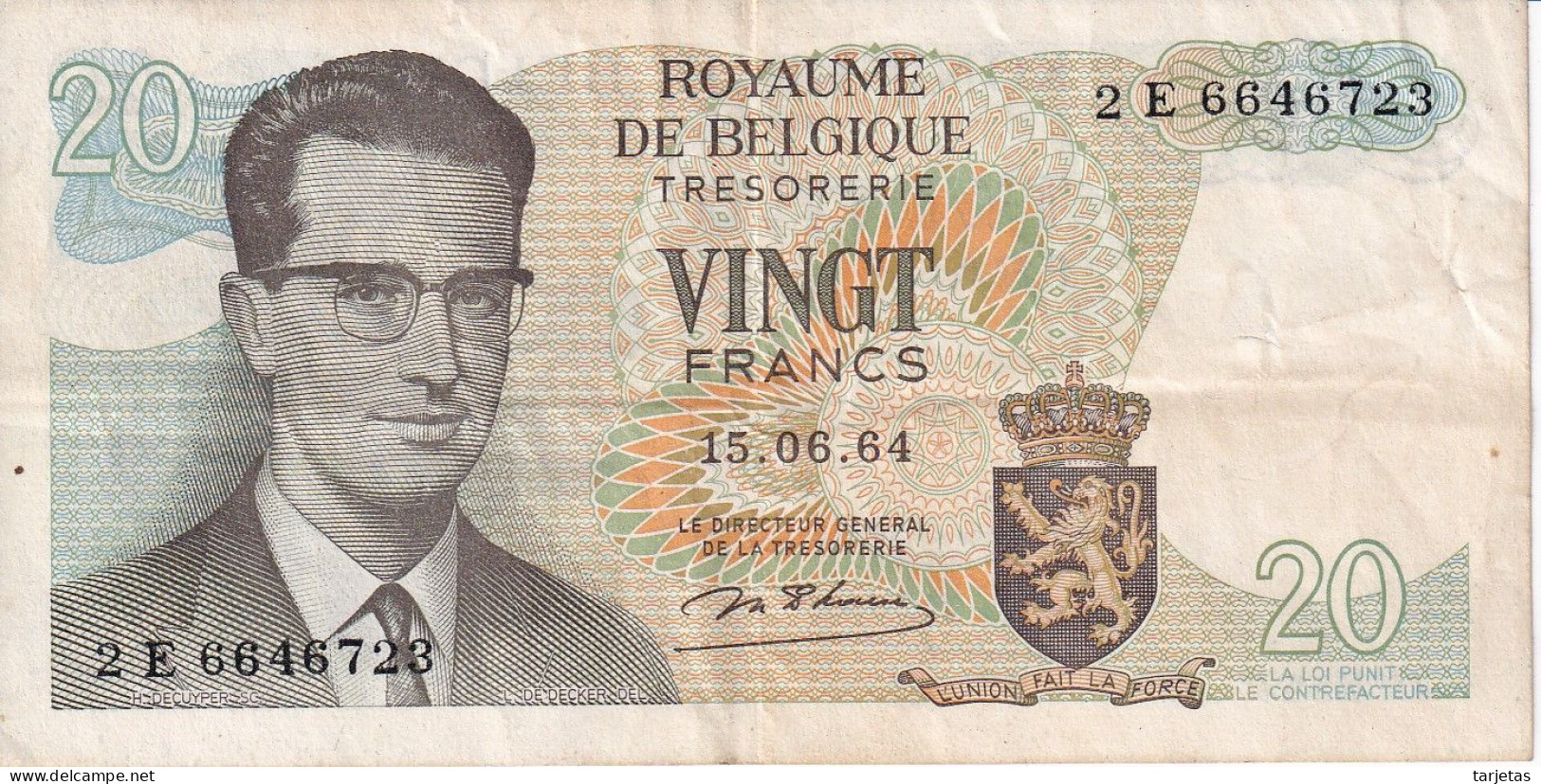 BILLETE DE BELGICA DE 20 FRANCS DEL AÑO 1964  (BANKNOTE) - 20 Francs