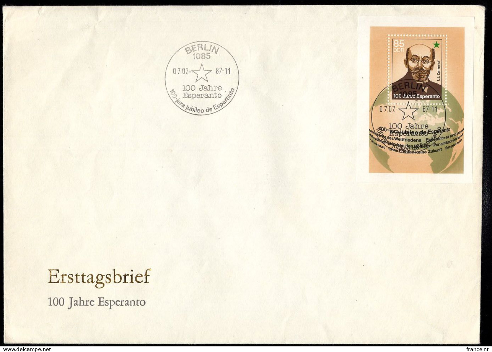 EAST GERMANY(1987) Zamenhofr. Esperanto. Oversized Unaddressed FDC With Cachet And Thematic Cancel. Scott No 2617. - Esperanto