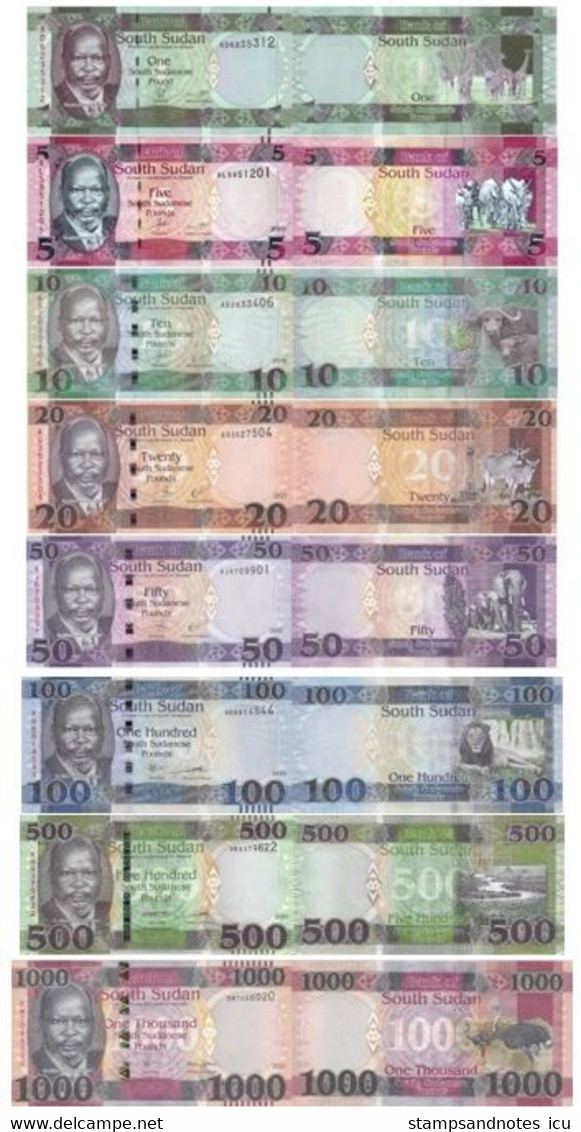 SOUTH SUDAN  1 5 10 20 50 100 500 1000 Pounds 2011 - 2021  P 5 11 12 13 14 15 16 W17 UNC Set - Zuid-Soedan