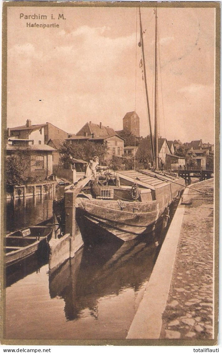 PARCHIM Mecklenburg Hafenpartie Mit Jungem Mädchen Auf Frachtkahn Schild Auf Dem Beiboot Joh Bukmann Polz I M 21.10.1929 - Parchim