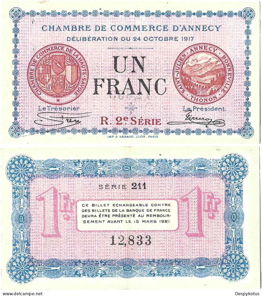 France - BILLET - Chambre De Commerce D'ANNECY - UN FRANC - 1917 - JP.010.12 - 15-250 - Bons & Nécessité