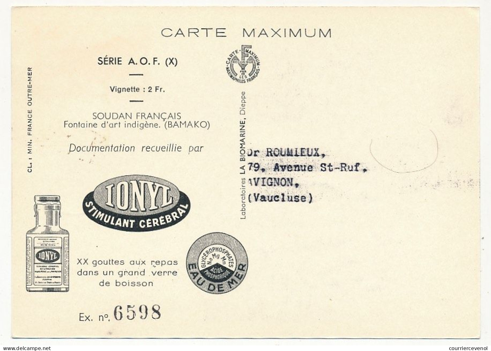 AOF => Carte Maximum Publicitaire IONYL - Soudan Français - Fontaine D'Art Indigène (BAMAKO) 1952 - Covers & Documents