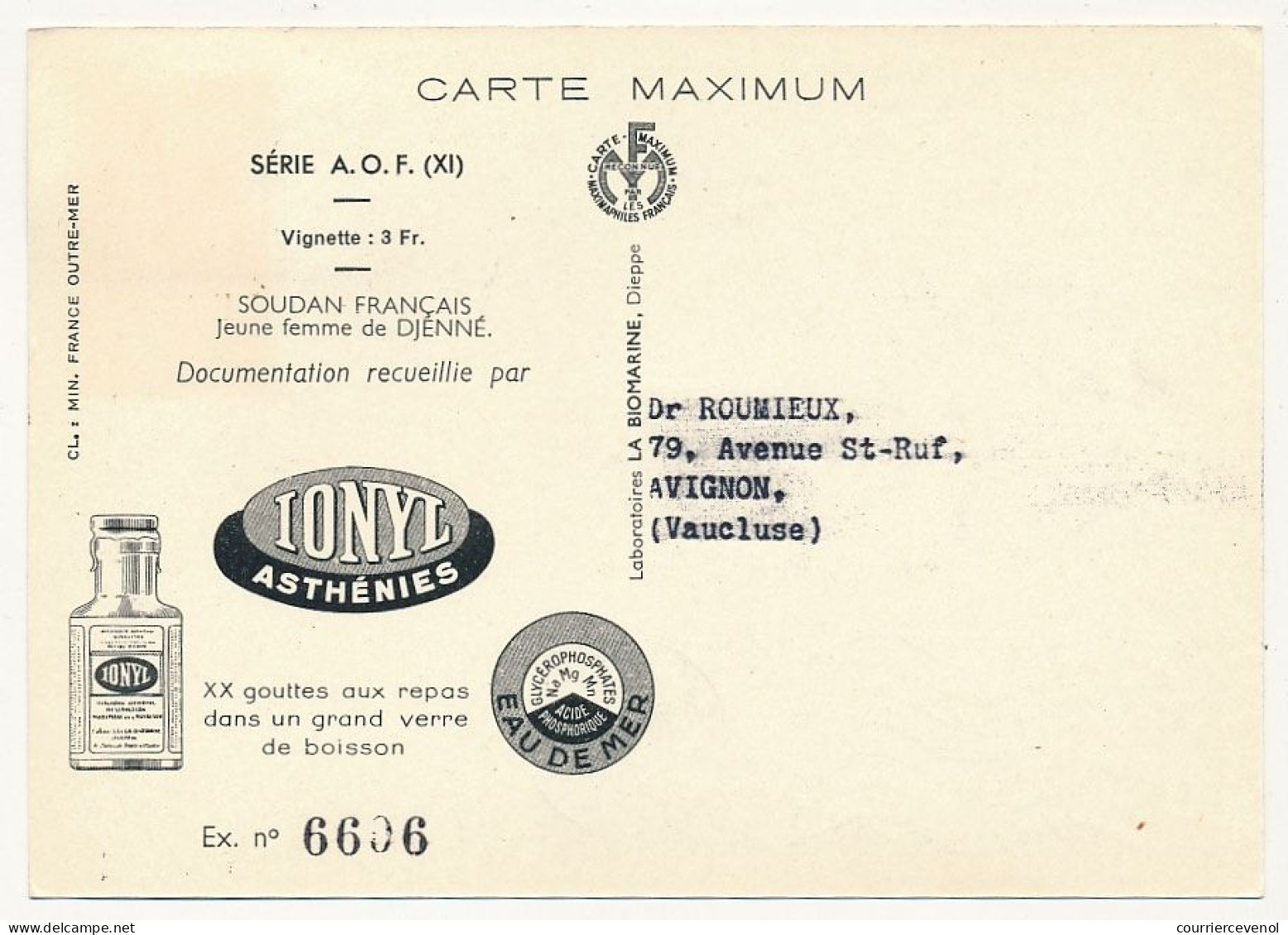 AOF => Carte Maximum Publicitaire IONYL - Soudan Français - Jeune Femme De Djenné (DAKAR) 1952 - Lettres & Documents