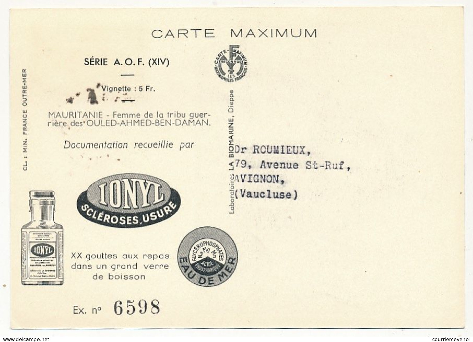 AOF => Carte Maximum Publicitaire IONYL - Mauritanie - Femme De La Tribu Ouled-Ahmed-Ben-Daman - DAKAR 1952 - Lettres & Documents