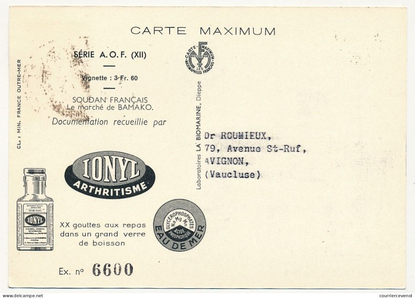 AOF => Carte Maximum Publicitaire IONYL - Soudan Français - Le Marché De Bamako - (DAKAR) 1952 - Cartas & Documentos