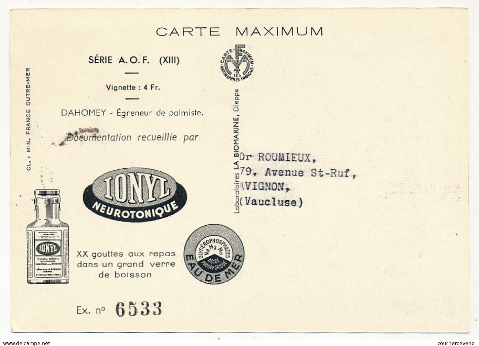 AOF => Carte Maximum Publicitaire IONYL - Dahomey - Égreneur De Palmiste - DAKAR 1952 - Briefe U. Dokumente