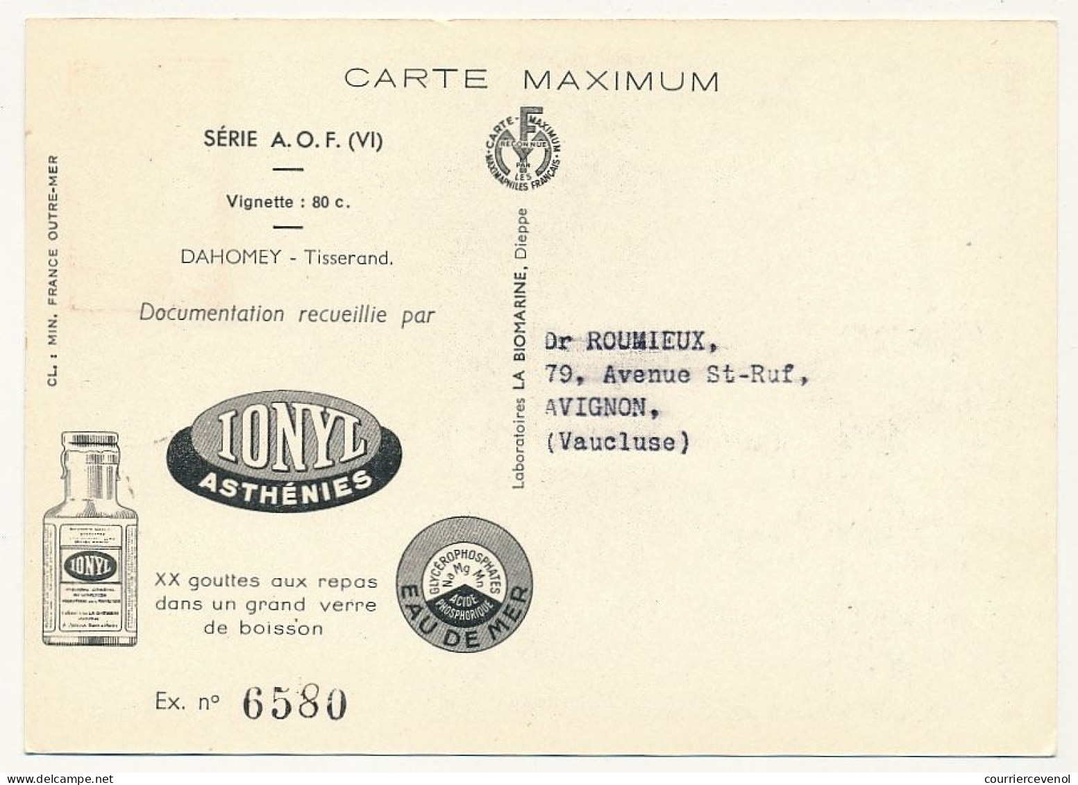 AOF => Carte Maximum Publicitaire IONYL - Dahomey - Tisserand - DAKAR 1952 - Brieven En Documenten
