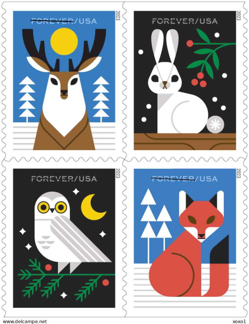 USA 2023 MiNr. XXXXXX Winter Woodland Animals, Birds, Owls, Rabbits 4v MNH **  5.60 € - Conejos