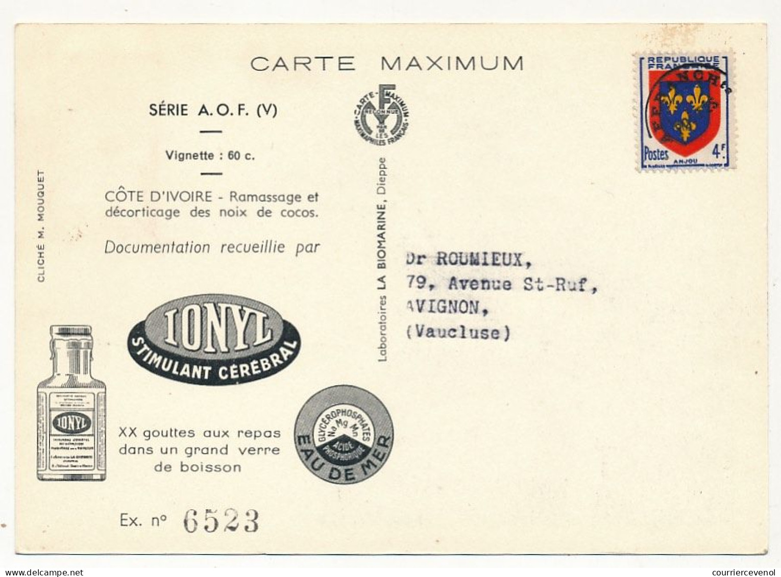 AOF => Carte Maximum Publicitaire IONYL - Côte D'Ivoire - Ramassage Décorticage Des Noix De Cocos - DAKAR 1952 - Cartas & Documentos