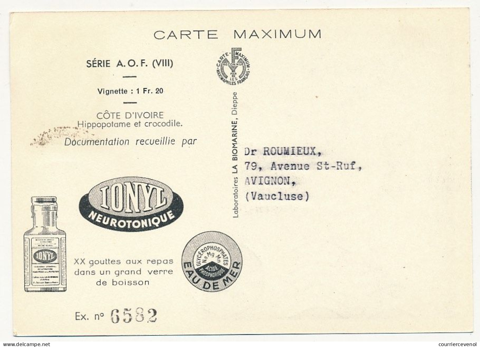 AOF => Carte Maximum Publicitaire IONYL - Côte D'Ivoire - Hippopotame Et Crocodile - DAKAR 1952 - Storia Postale