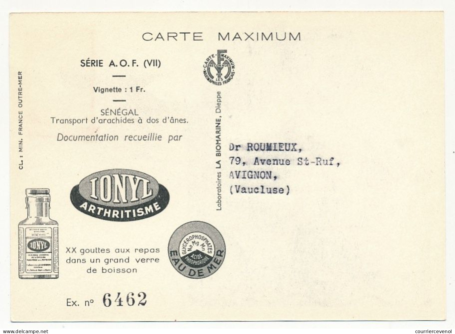 AOF => Carte Maximum Publicitaire IONYL - Sénégal - Transport D'arachides à Dos D'ânes - DAKAR 1952 - Briefe U. Dokumente
