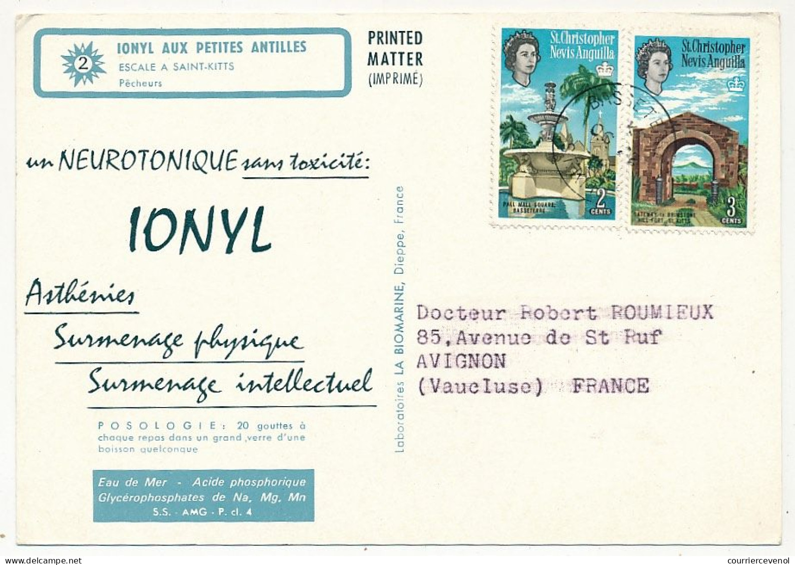 St Christopher Nevis Anguilla - IONYL Aux Petites Antilles - Carte Publicitaire Ayant Voyagé - St.Kitts Y Nevis ( 1983-...)