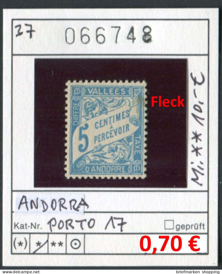 Andorra 1937 - Andorre Francaise 1937 - Michel Porto 17 (leichter Fleck) - * Charnière - Ongebruikt