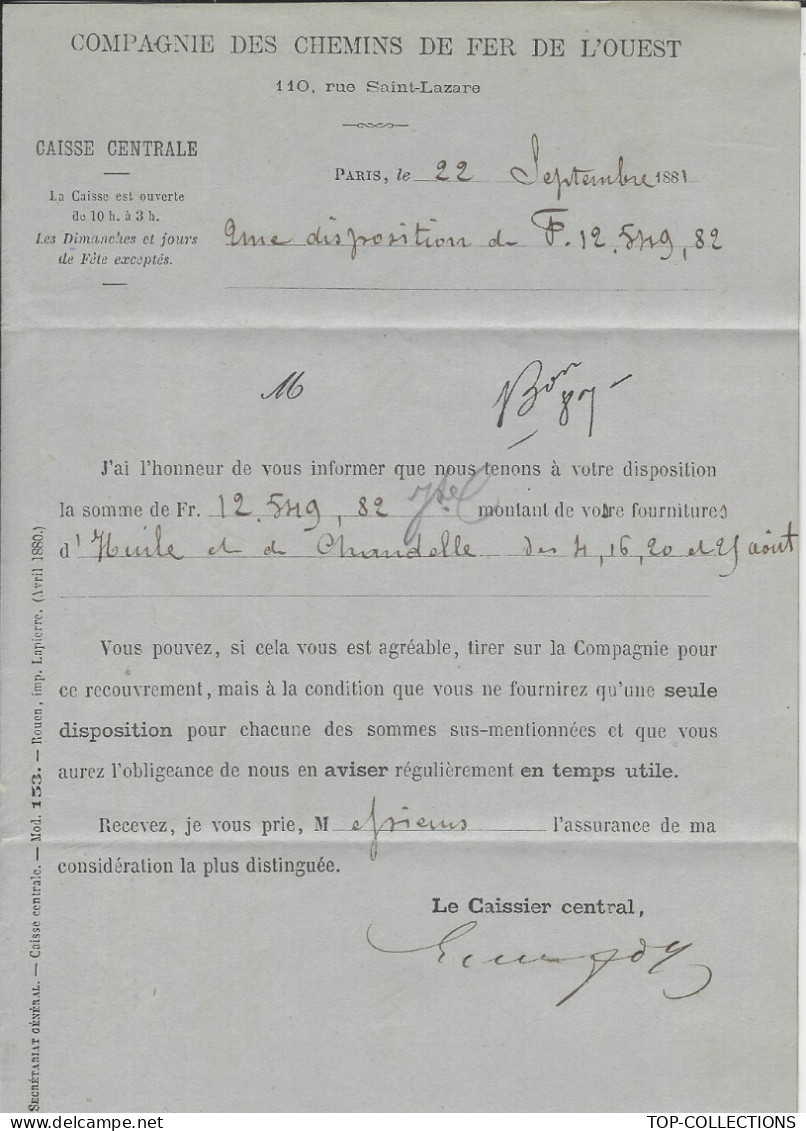 1881 BORDEREAU CIE DES CHEMINS DE FER DE L OUEST PARIS Pour MM. Boniface Frères Sotteville Les Rouen Seine Marit. Fourni - 1800 – 1899