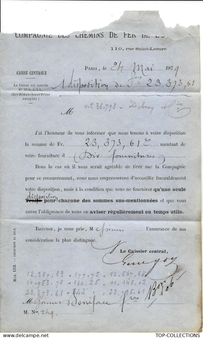 1879 PARTIE  BORDEREAU CIE DES CHEMINS DE FER DE L OUEST PARIS > Boniface Frères Sotteville Les Rouen Seine Maritime - 1877-1920: Semi Modern Period