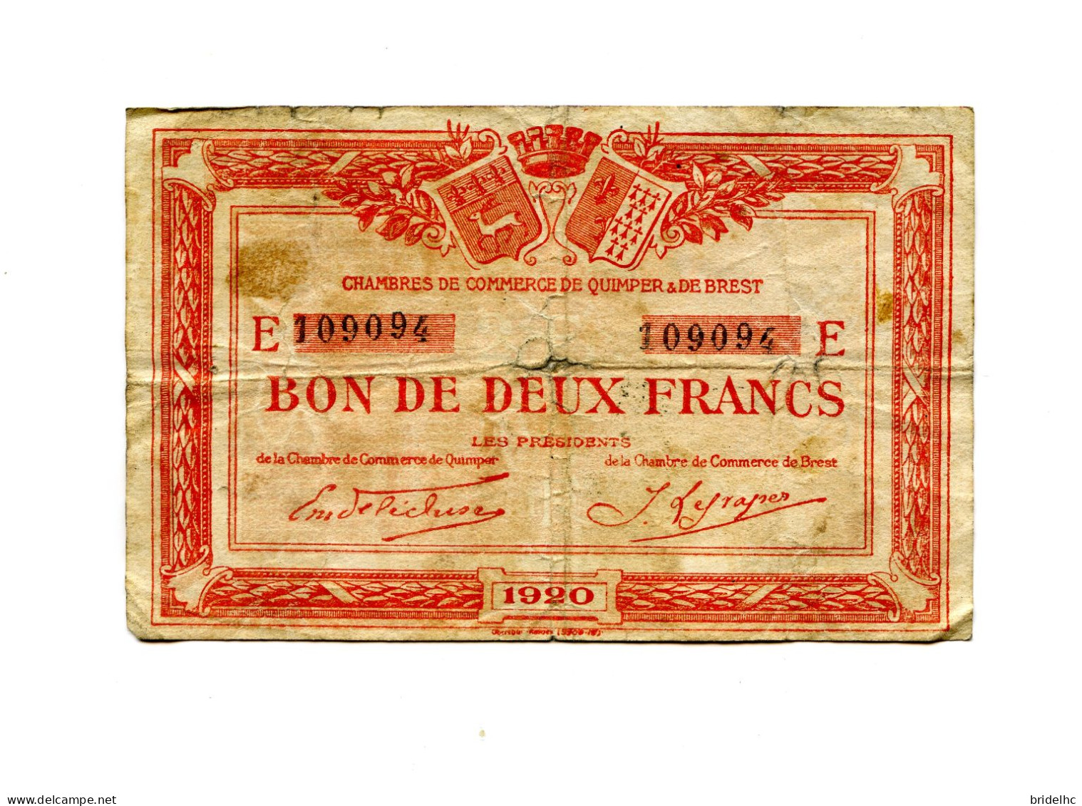 2 Francs Chambre De Commerce Quimper Et Brest 1920 - Bons & Nécessité