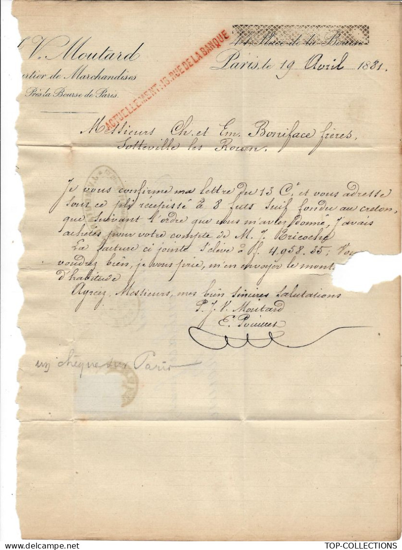 1881  Partie  LAC PARIS  Pour MM. Boniface Frères Si=otteville Les Rouen Seine Maritime - 1877-1920: Periodo Semi Moderno