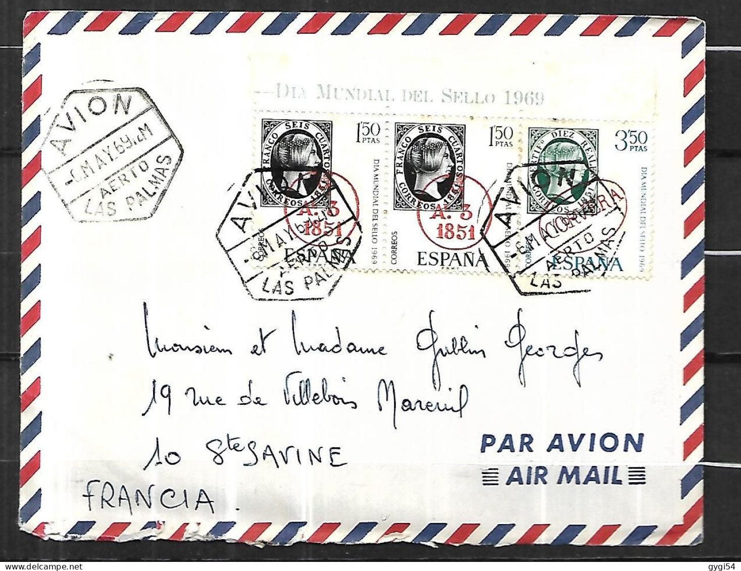 ESPAGNE Lettre Par Avion Du 06 05  1969 De LAS PALMAS Pour STE - SAVINE ( France ) - Sonstige & Ohne Zuordnung