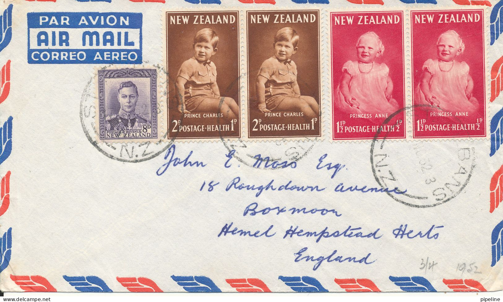 New Zealand Air Mail Cover Sent To England 1952 Health Care Stamps - Poste Aérienne