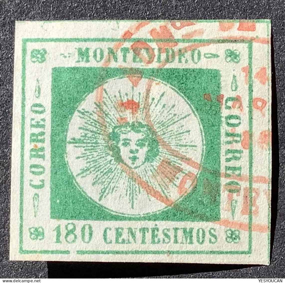 Uruguay 1859 Scarce Red Montevideo Postmark On XF 180c Green Sun Issue (Sc &  YT 11 - Uruguay