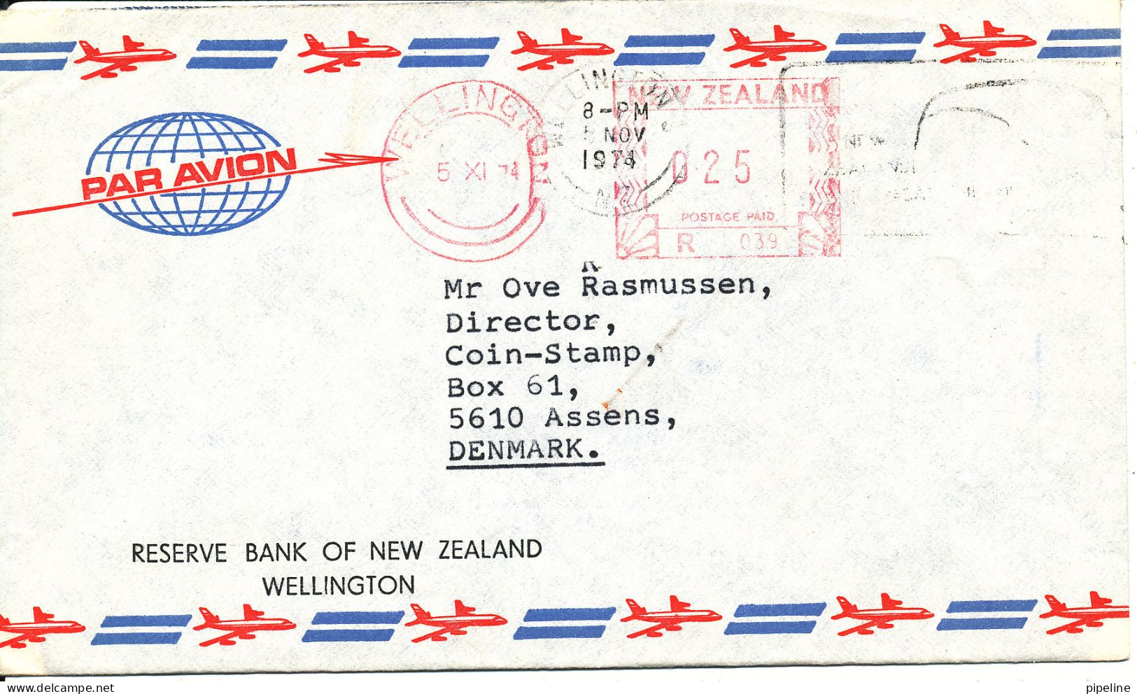 New Zealand Air Mail Cover With Red Meter Cancel Sent To Denmark Wellington 5-11-1974 - Luftpost