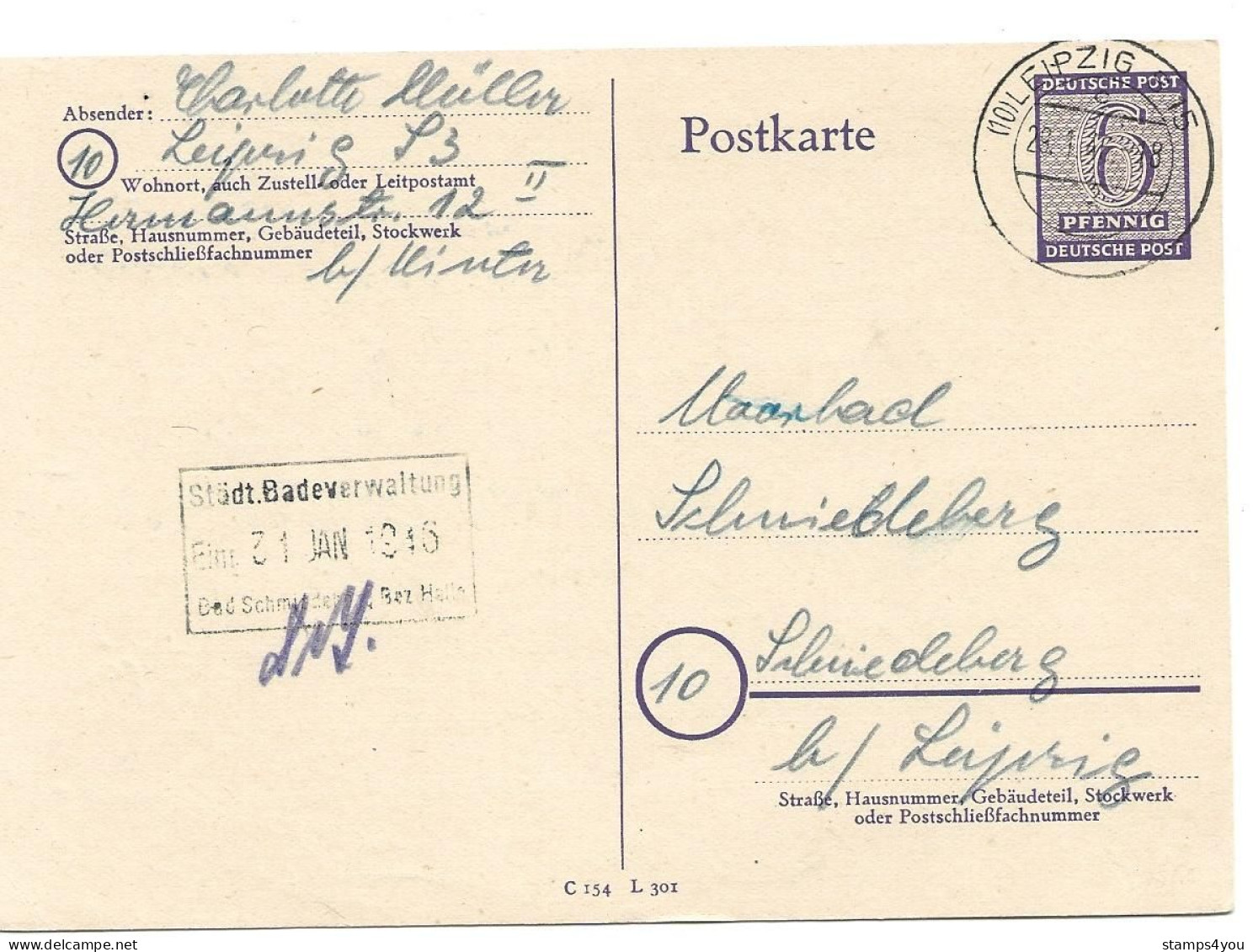 222 - 45 - Entier Postal Envoyé De Leipzig 1946 - Interi Postali