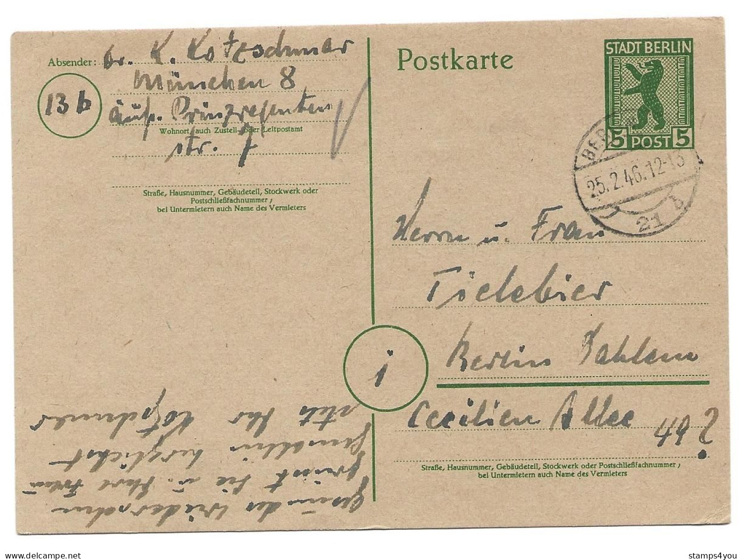 222 - 65 - Entier Postal Envoyé De Berlin 1946 - Entiers Postaux