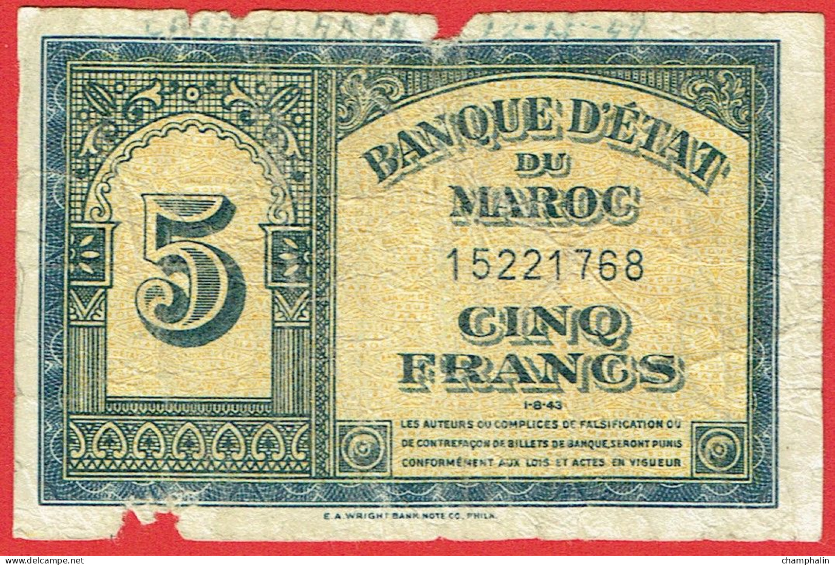 Maroc - Billet De 5 Francs - 1er Août 1943 - P24 - Marokko