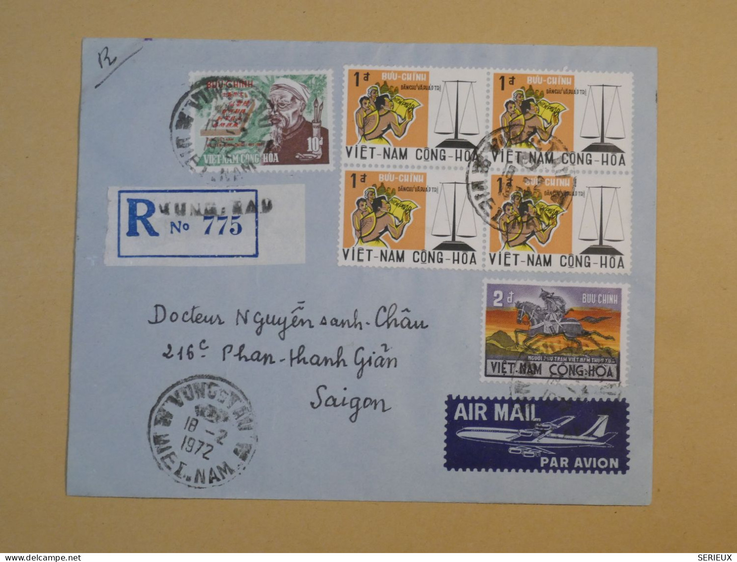 DE14 VIETNAM CONG HOA   GREAT RARE LETTER  .QUALITY. RECO 1974  NONG TAU A SAIGON + BLOC DE 4 TP +  +AFF. INTERESSANT ++ - Vietnam