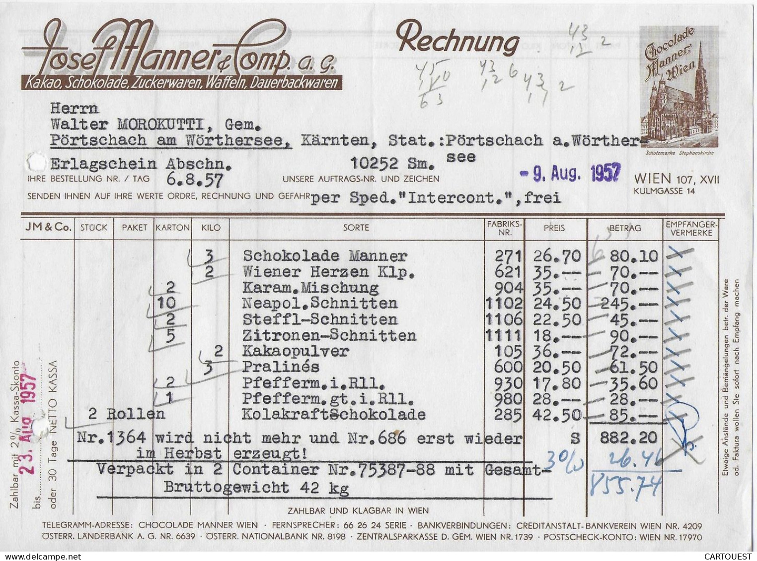 Josef MANNER & Comp A.G. Chocolade Manner Wien 9 Août 1952 - 1900 – 1949