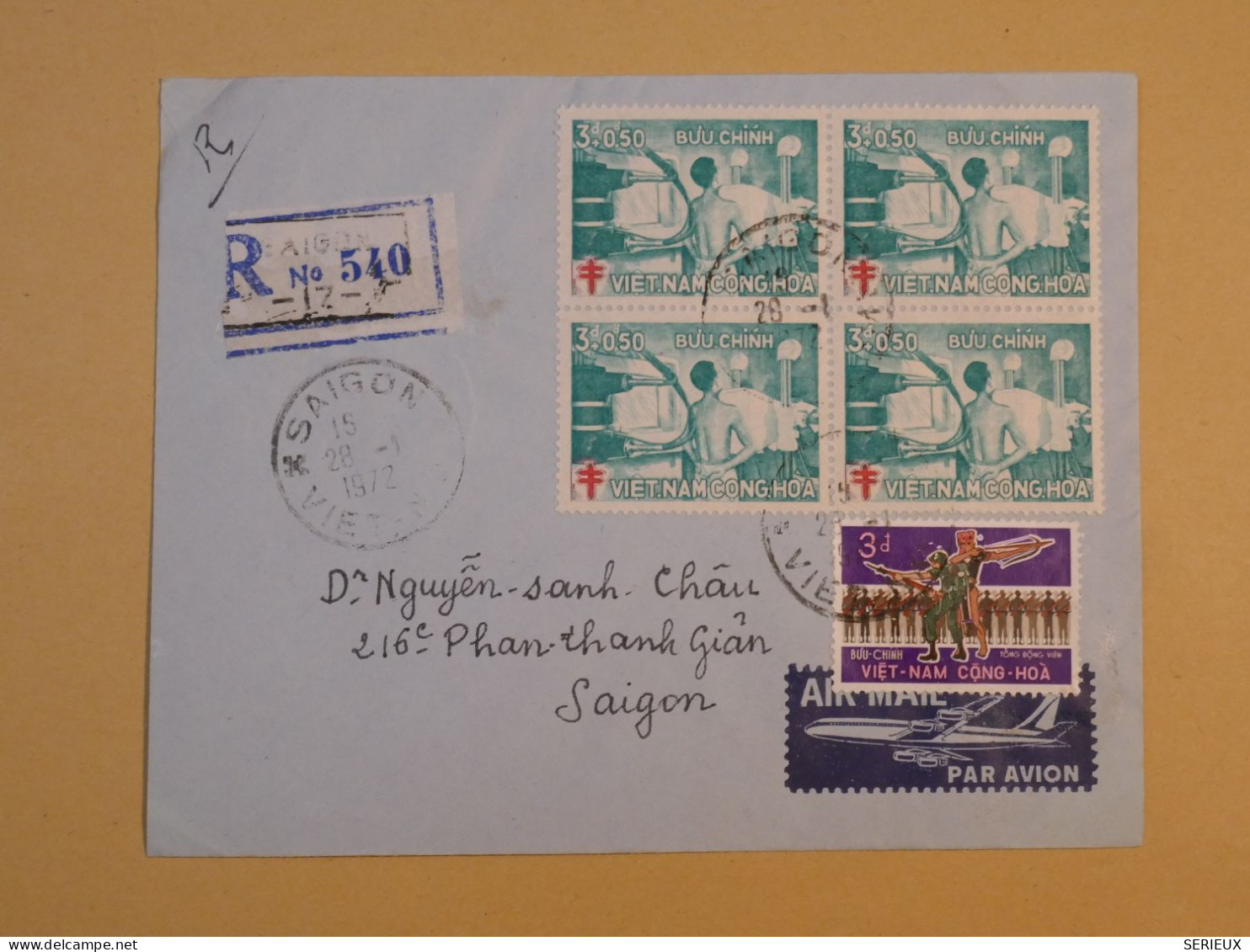 DE14 VIETNAM CONG HOA   GREAT RARE LETTER  .QUALITY. RECO 1972 SAIGON + BLOC DE 4 TP +  +AFF. INTERESSANT ++ - Vietnam