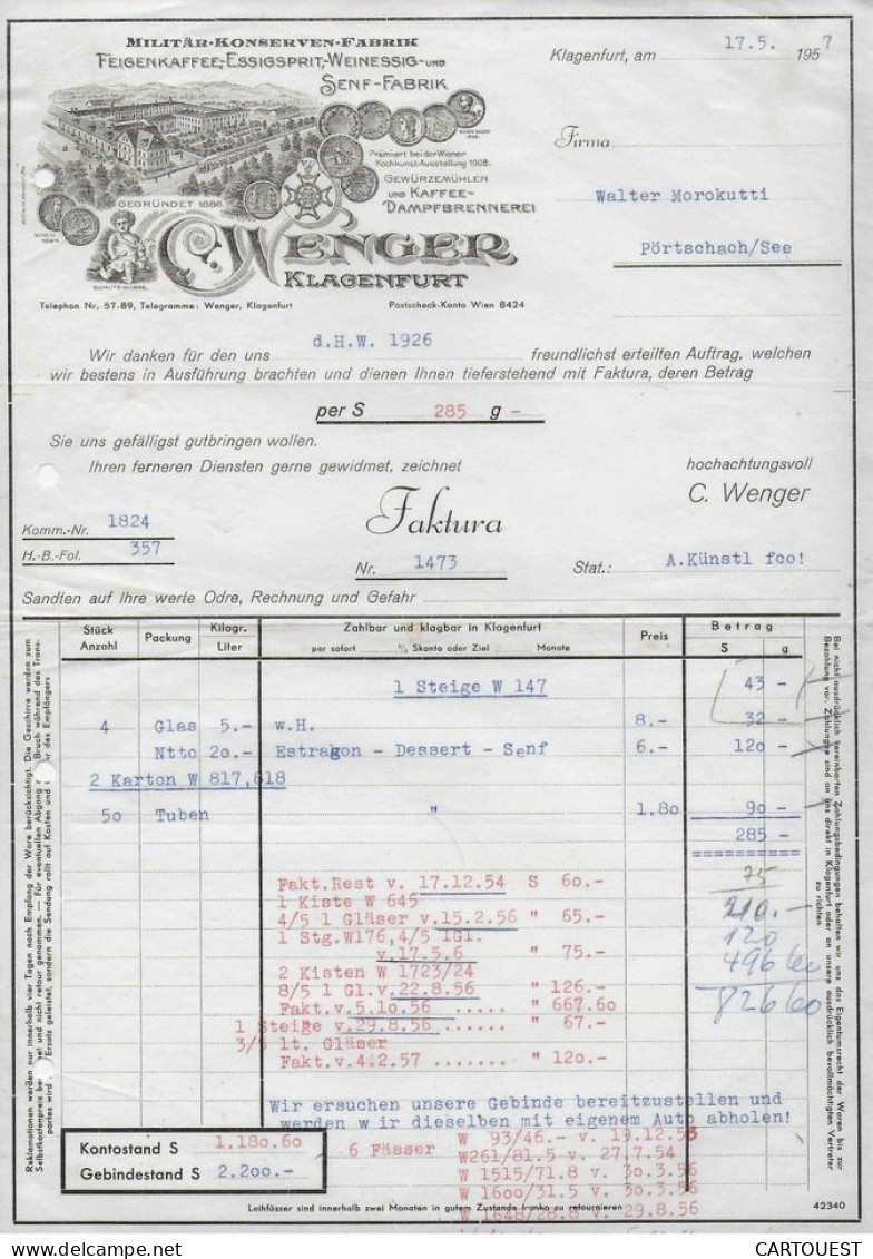 MILITÄR - KONSERVEN - FABRIK 1957 C. WENGER KLAGENFURT - Faktura - Oostenrijk