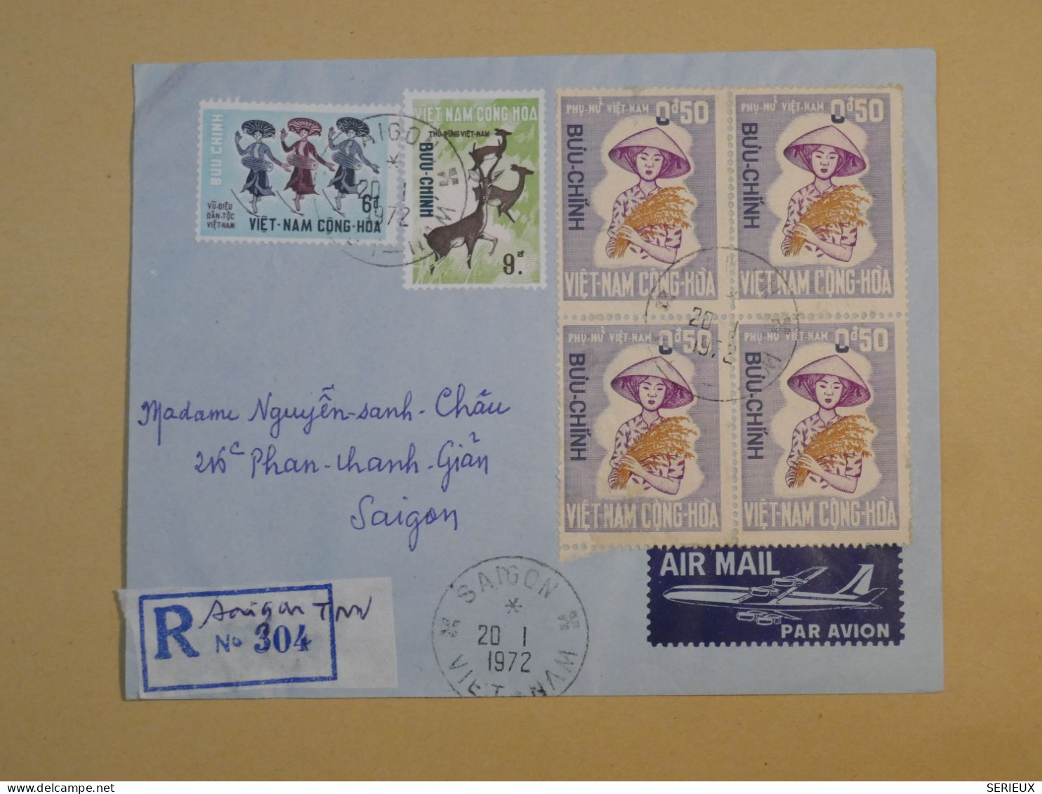 DE14 VIETNAM CONG HOA   GREAT RARE LETTER  .QUALITY. RECO 1972 SAIGON + BLOC DE 4 TP +  +AFF. INTERESSANT ++ - Viêt-Nam