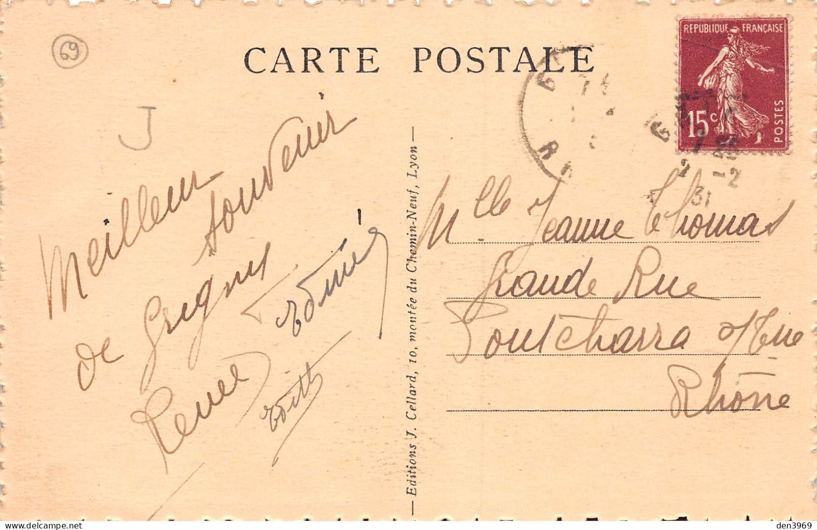 GRIGNY (Rhône) - La Poste - Voyagé 1931 (2 Scans) Jeanne Thomas, Grande Rue à Pontcharra-sur-Turdine - Grigny