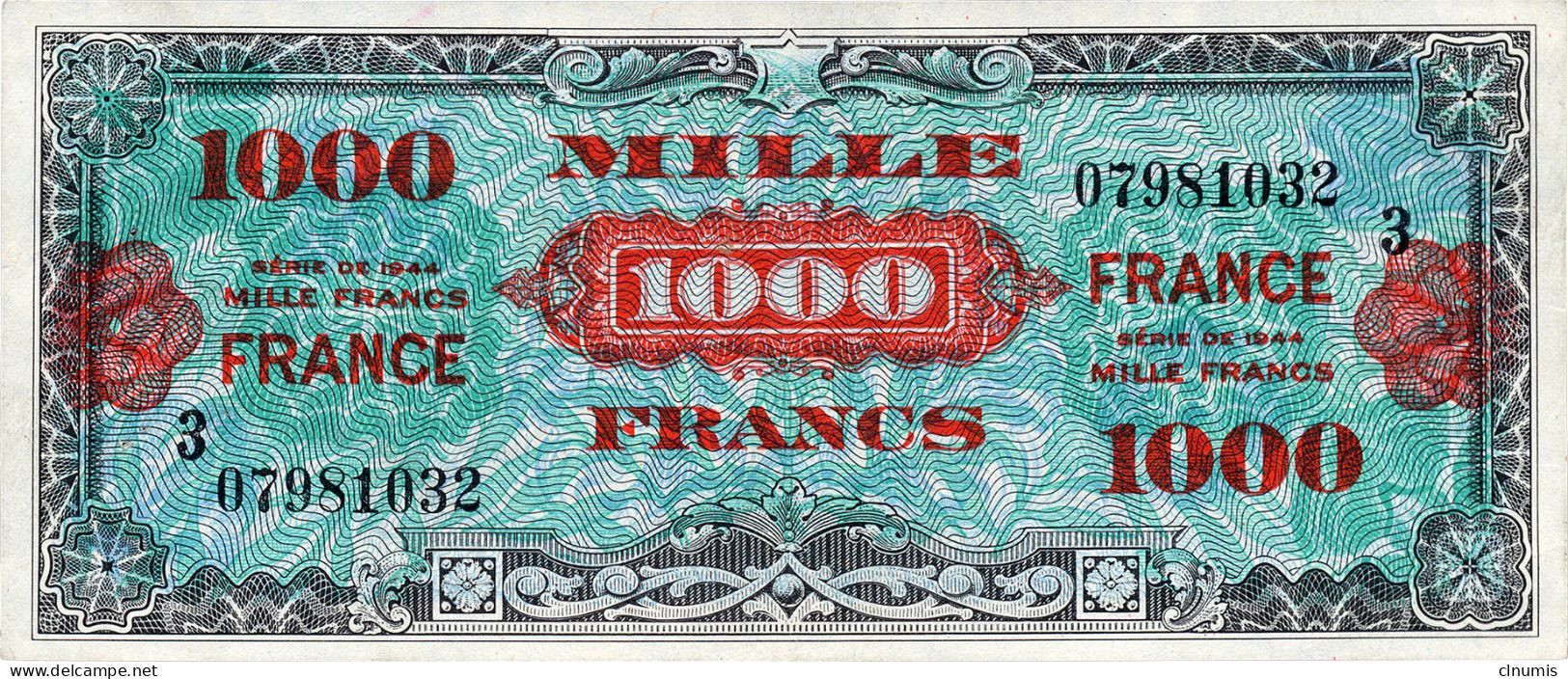 ASSEZ RARE 1000 Francs FRANCE, 1945, Série 3, N° 07981032 - 1945 Verso France